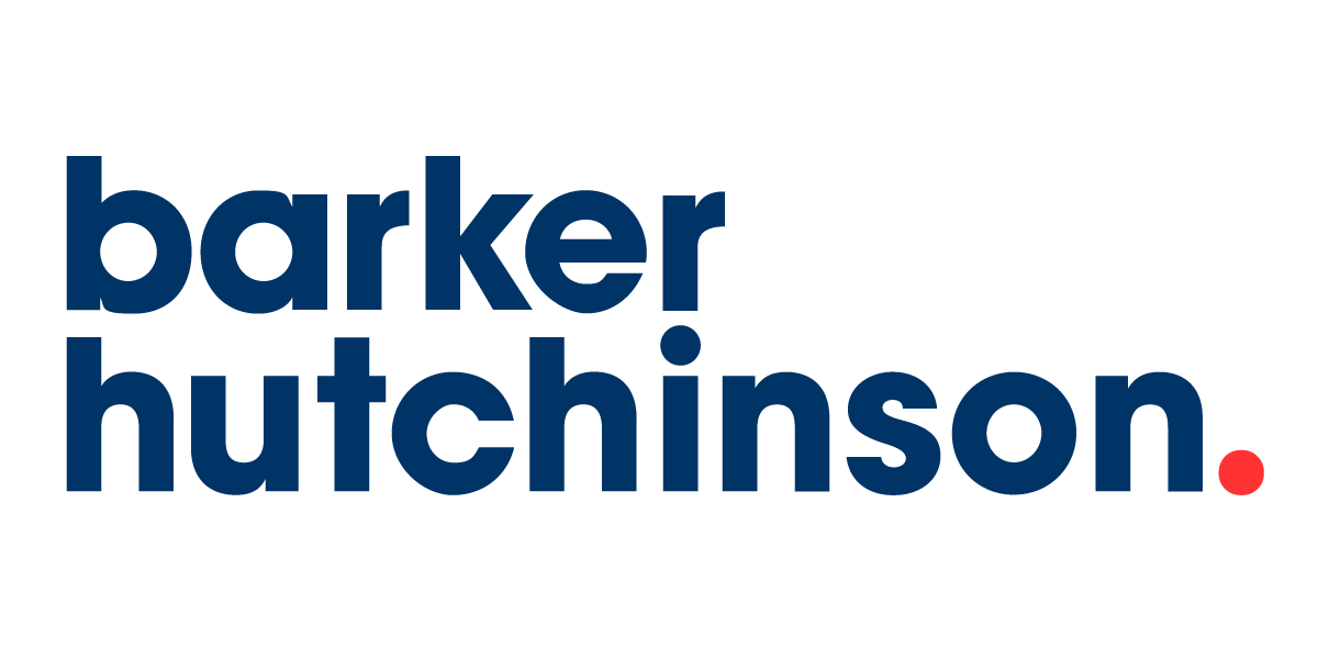 Barker Hutchinson logo in blue lowercase letters on black background with a red dot at the end
