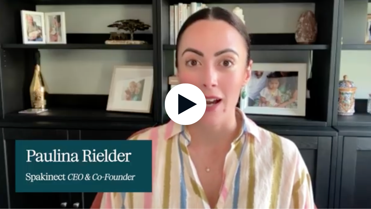 Paulina Rielder, Spakinect CEO & Co-Founder, speaks in a video interview against a bookshelf backdrop.