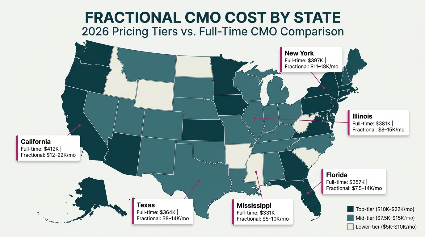 Map of the United States showing fractional CMO costs by state, colored by cost tier (top, mid, lower). Callouts display each highlighted state’s full-time and fractional monthly costs (e.g., California, Texas, Florida, Illinois, New York, Mississippi).