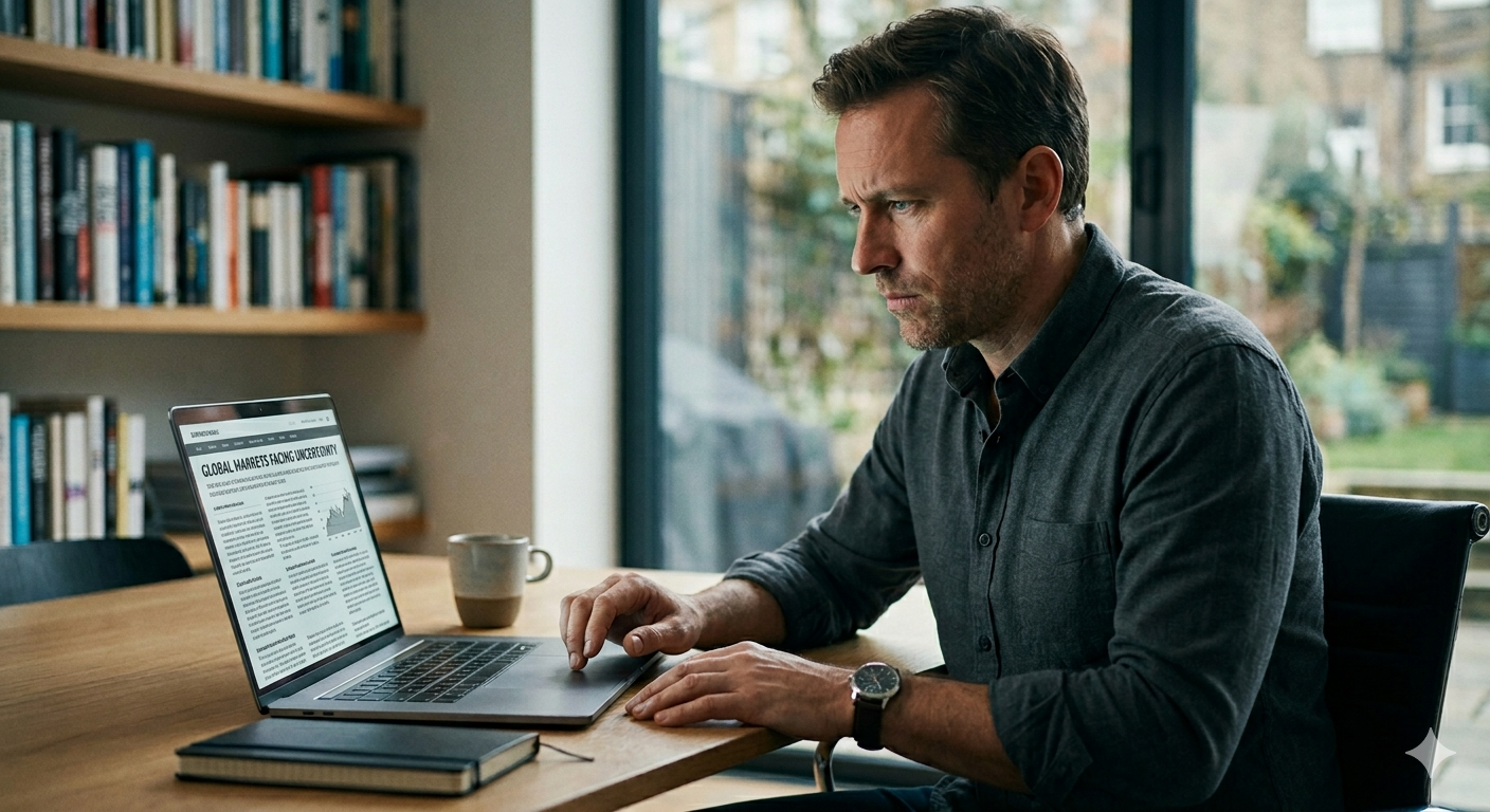 Editorial illustration of a B2B buyer looking at AI search results, with a visible gap between research and decision representing the Conviction Gap framework.