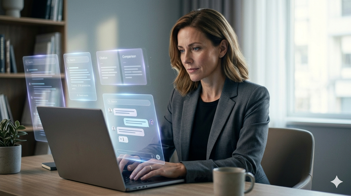 Businesswoman typing on a laptop with translucent holographic dashboards floating around her.