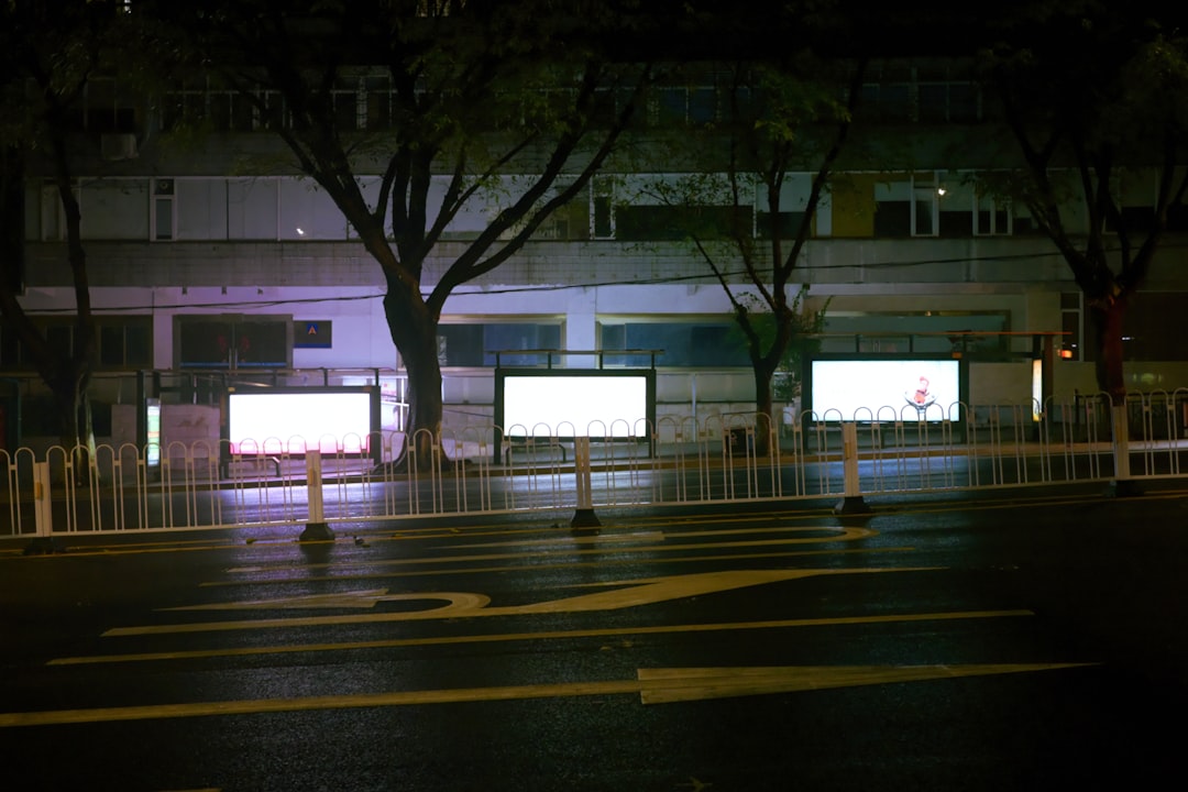 Blank illuminated advertising billboards on a city street at night